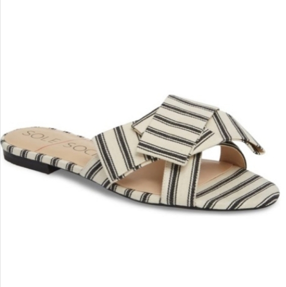 Sole society Slide Slip On Striped Matty Sandals with bow - Picture 2 of 8